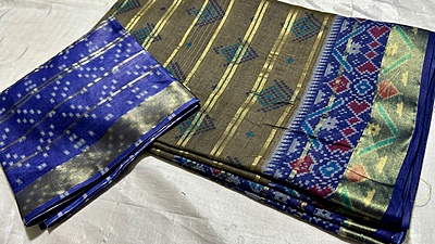 Summer Muslin Cotton Saree - Green Gray & Ink Blue
