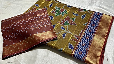 Summer Muslin Cotton Saree - Mustard & Brick Red