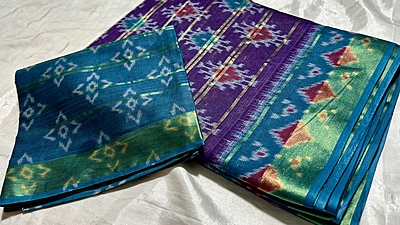 Summer Muslin Cotton Saree - Purple & Sea Blue