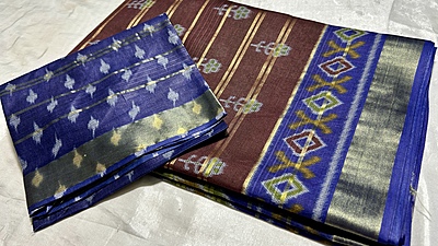 Summer Muslin Cotton Saree - Brown & Blue