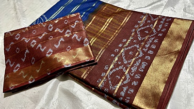 Summer Muslin Cotton Saree - Blue & Brown