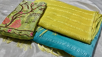 Hirni Popcorn Dual Designer Saree - Lemon Yellow & Turquoise