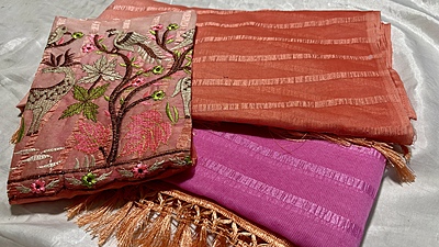 Hirni Popcorn Dual Designer Saree - Orange & Pink
