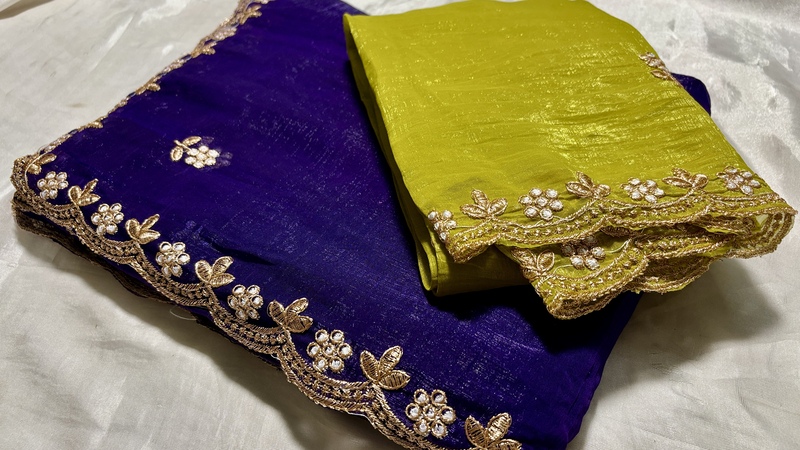Space Silk Gold Designer Cut Saree - Purple & Florescent