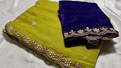 Space Silk Gold Designer Cut Saree - Florescent & Purple