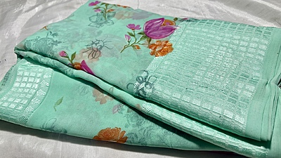 Kavya Soft Floral Chiffon Saree - Aqua Green