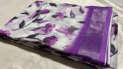 Naksha Linen Cotton Silver Saree - White Lavendar Flower