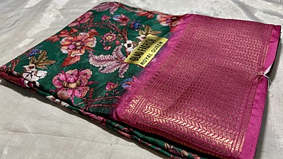 Royal Viscose Digital Silk Saree - Green & Pink