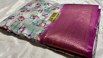 Royal Viscose Digital Silk Saree - Pista & Pink