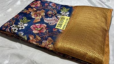 Royal Viscose Digital Silk Saree - Blue & Mustard