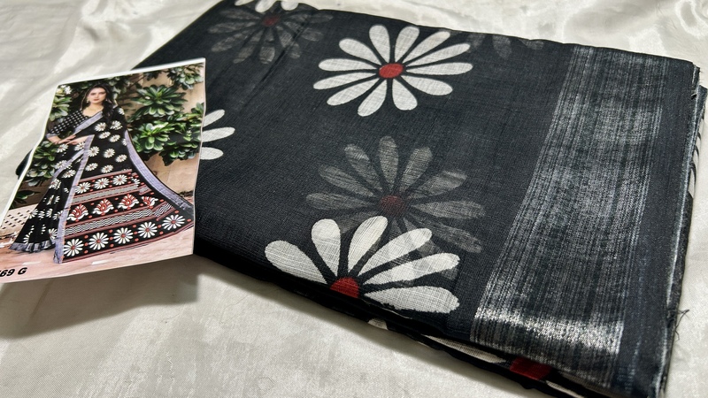 Ashiwad Linen Floral Saree - Black