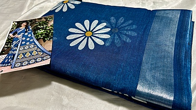 Ashiwad Linen Floral Saree - Sea Blue