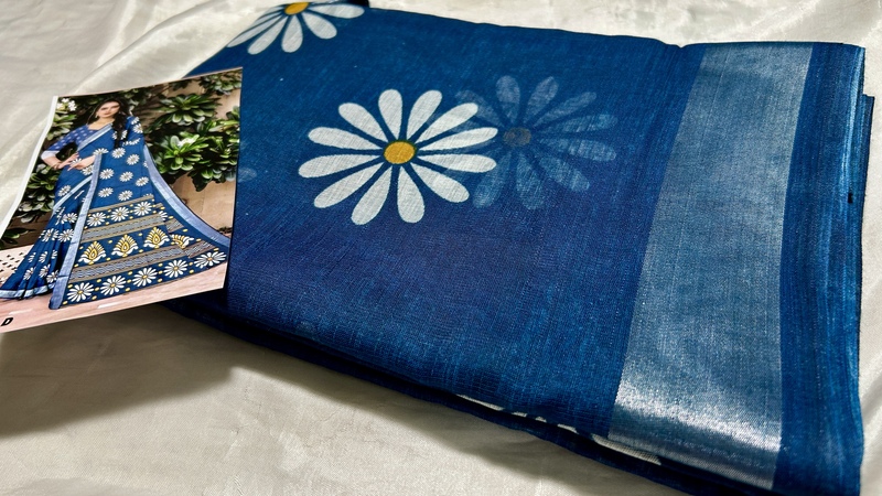 Ashiwad Linen Floral Saree - Sea Blue