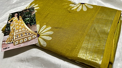 Ashiwad Linen Floral Saree - Mustard