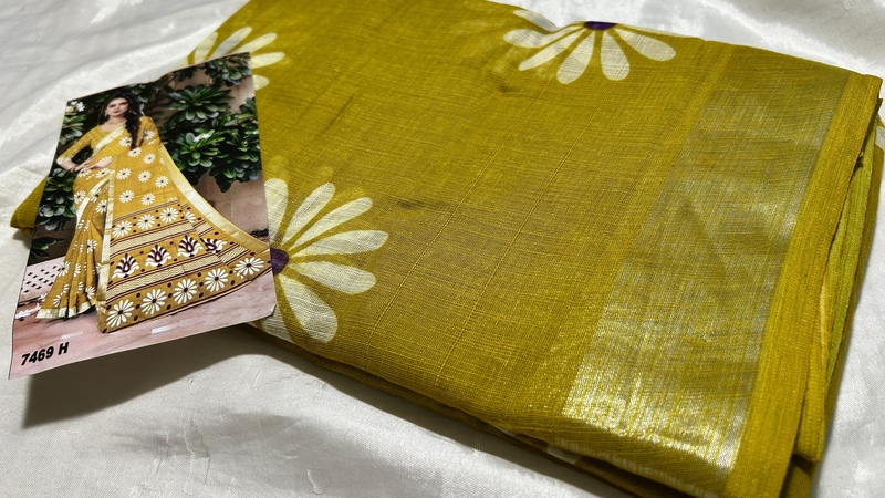 Ashiwad Linen Floral Saree - Mustard