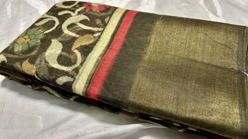 Crsytal Patta Floral Saree - Brown