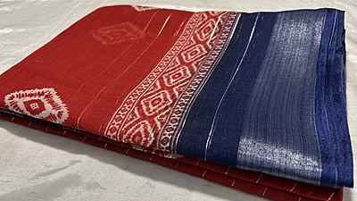 Monika Silver Linen Saree - Red & Navy Blue