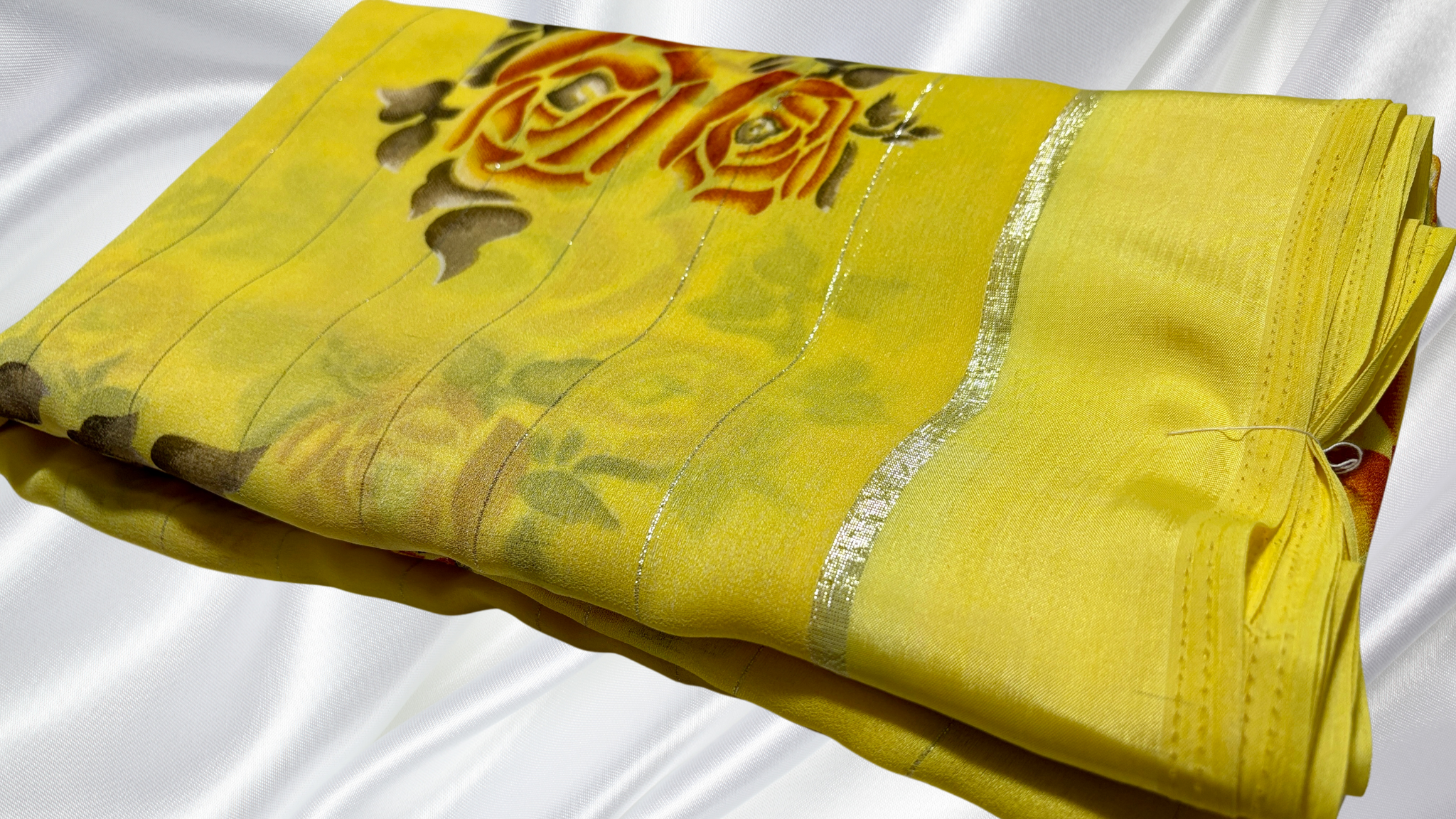 Silver Line Rose Satin Saree - Yellow